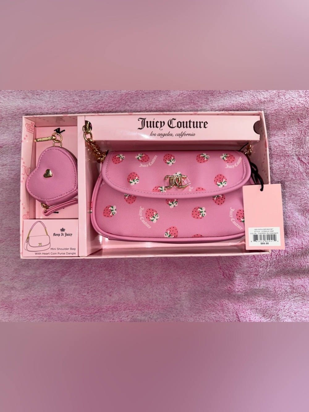 Juicy Couture Pink Strawberry Print shoulder  Bag with Gold JC Logo